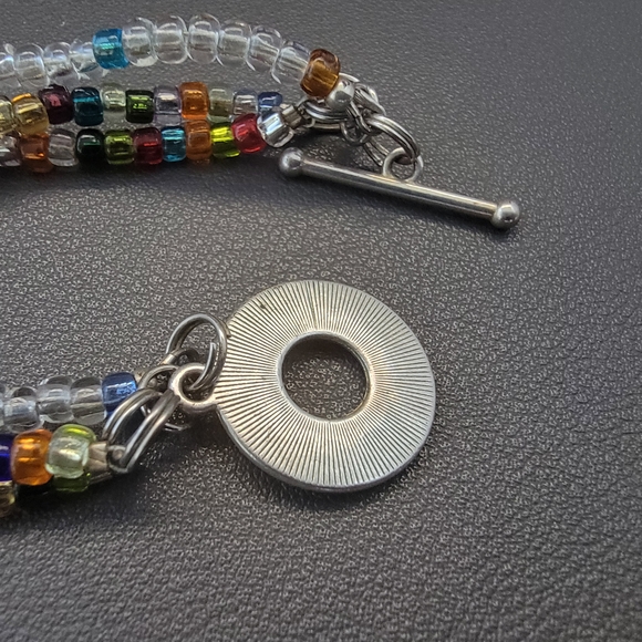 Handmade Multicolor Seed Bead & Clear Crystal Necklace | 3-Strand Beaded Choker - Picture 5 of 5